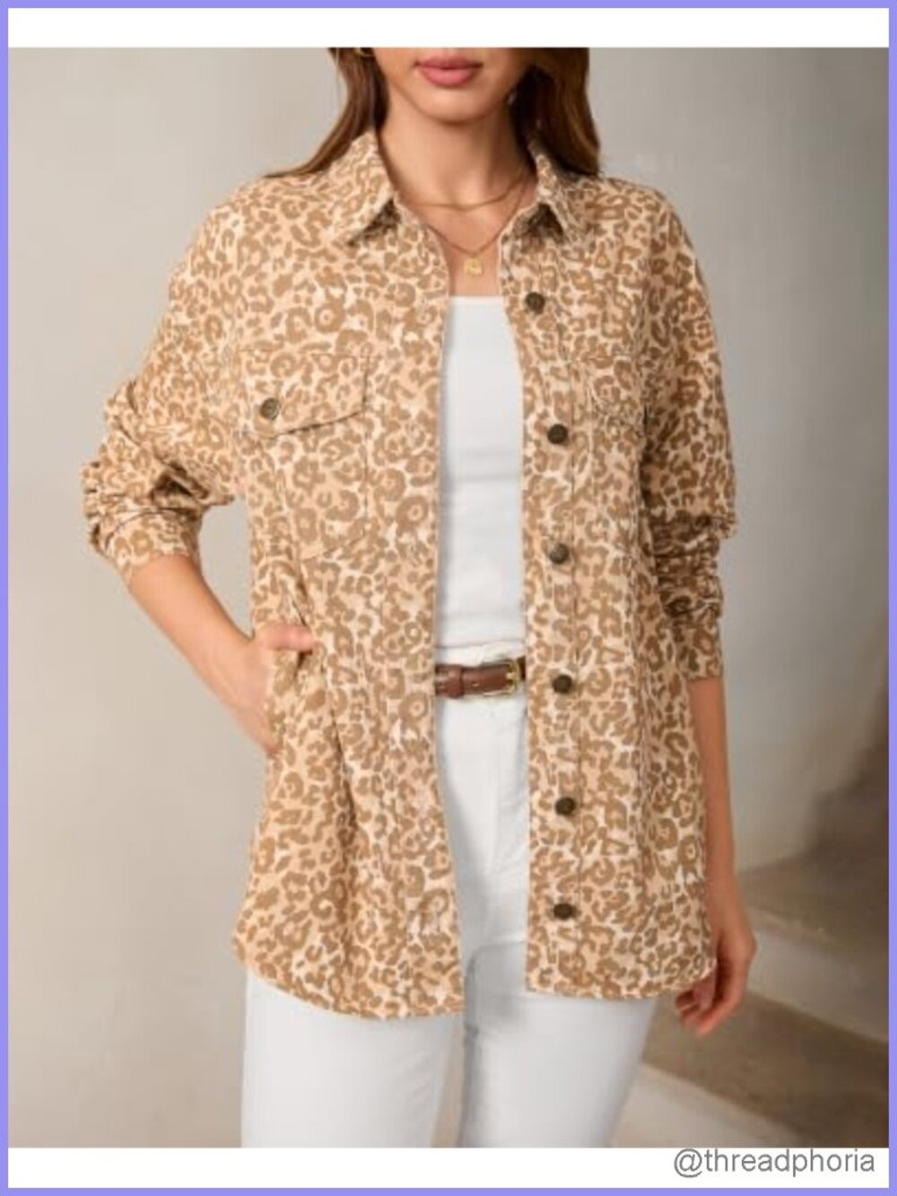 Oversized Cheetah Print Denim Shacket Button Down Cotton Jean Jacket - Picture 4 of 4